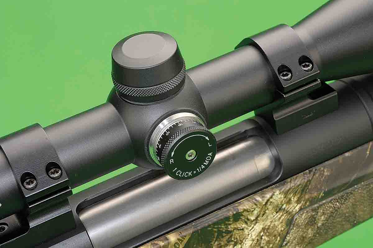 The Redfield scope has a finger-adjustable turret design; one click equals .25 inch at 100 yards. Winchester XPR scope mounts utilize larger 8-40 screws to secure the assembly to the receiver.
